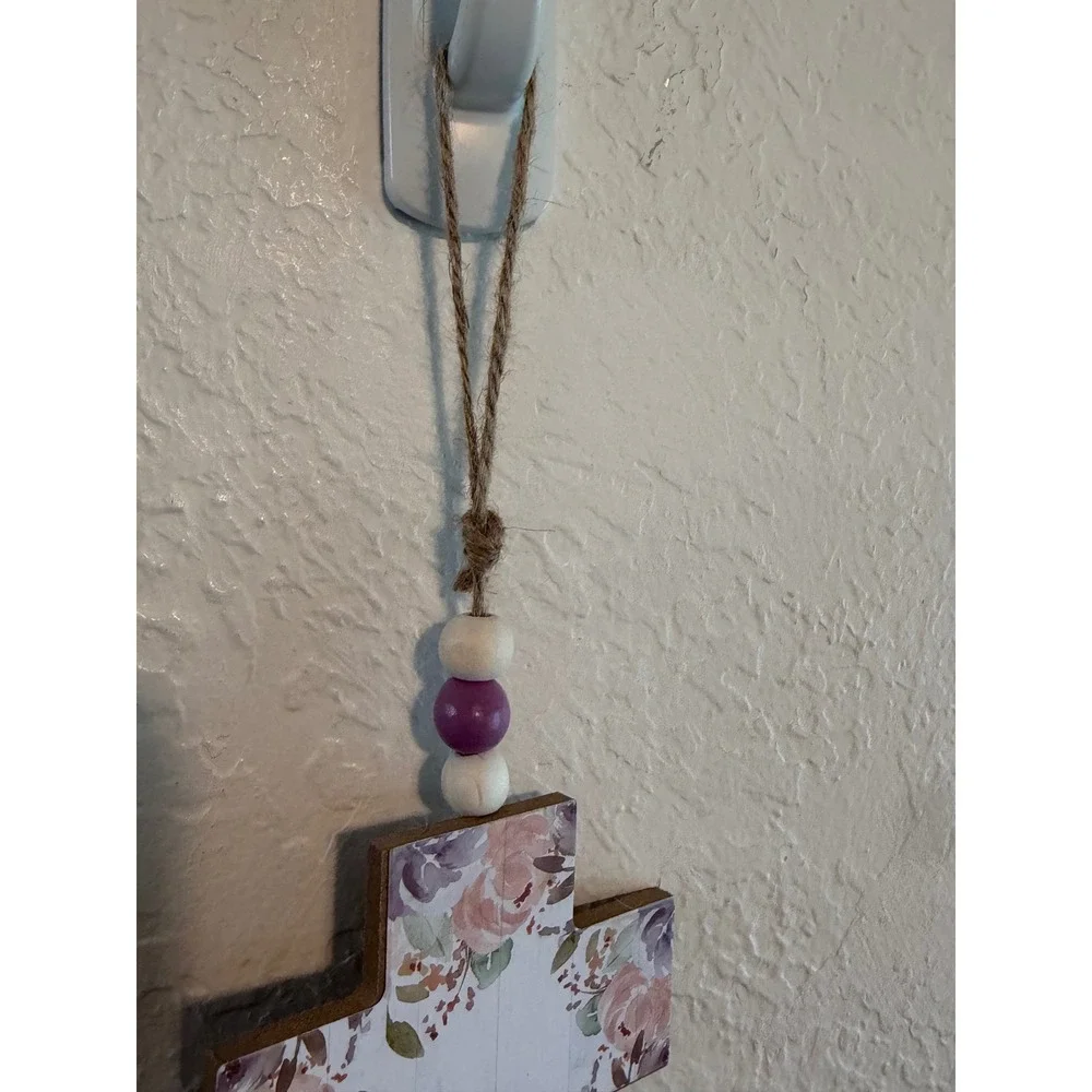 Special Moments Floral Pray Cross Wall Decor Lavender Pink Wood Bead Tassel 23in